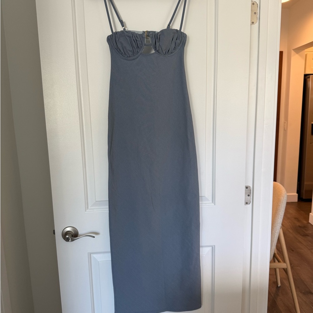 Montce Slate Blue Strapless Maxi Dress with Spaghetti Straps